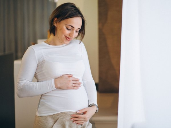 Mujer embarazada acariciando su barriga.